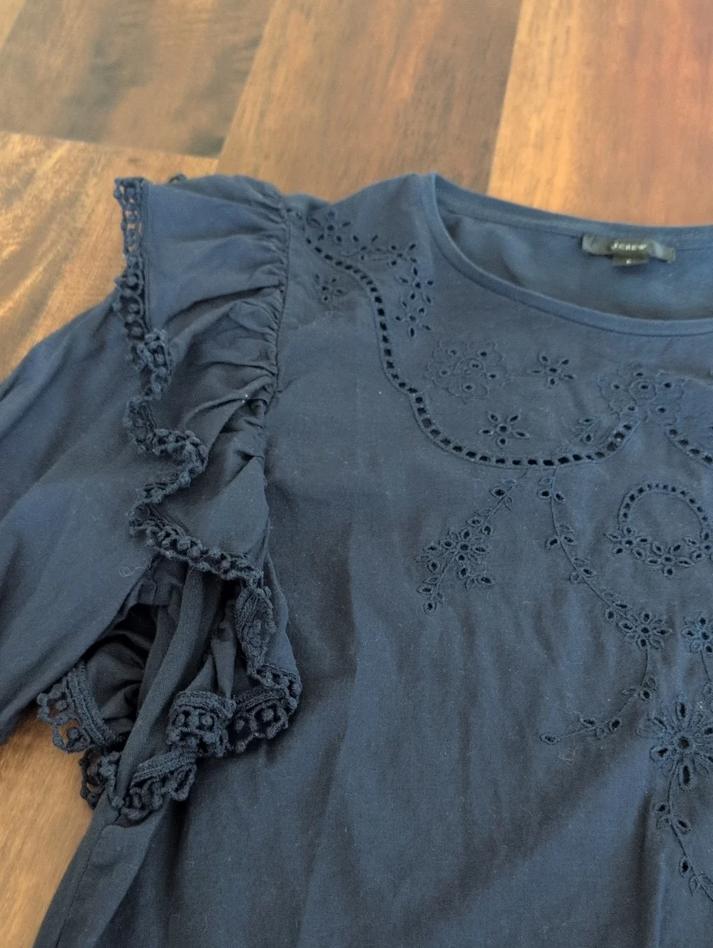 J. Crew Navy Eyelet Ruffle Long Sleeve Top